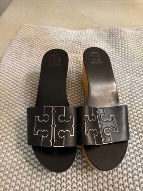 Tory Burch Black Leather Logo Slide Sandals
